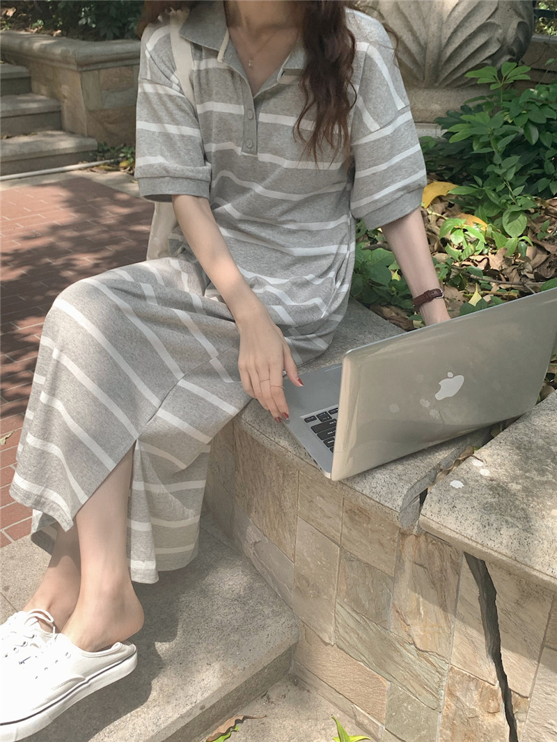 ロングワンピース スウェット 襟付きボーダー柄スウェットロングワンピース