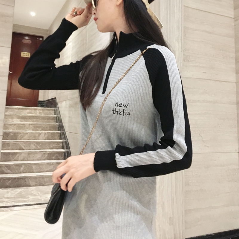 ロングワンピース タートルネック 配色切替タートルネックロングワンピース