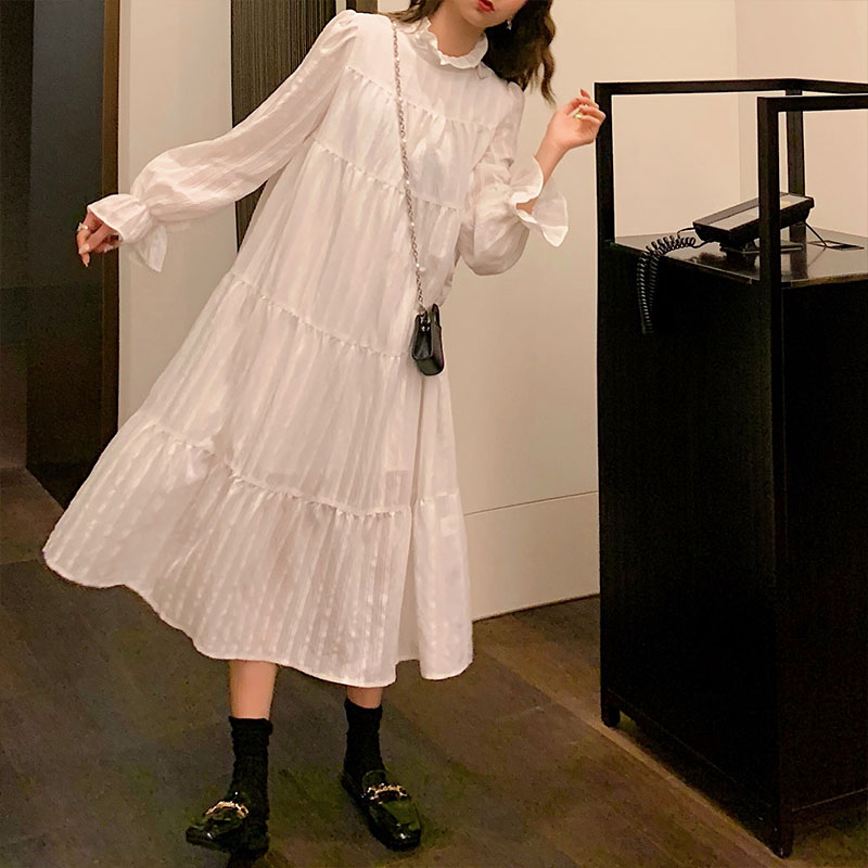 ロングワンピース シャツ ティアードフリル襟リボン袖シャツワンピース