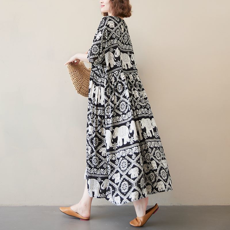 大きいサイズ象柄フレアロングワンピース