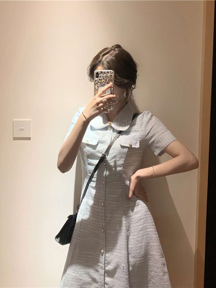 ロングワンピース ポロシャツ 丸襟半袖ボタン留めロングワンピース