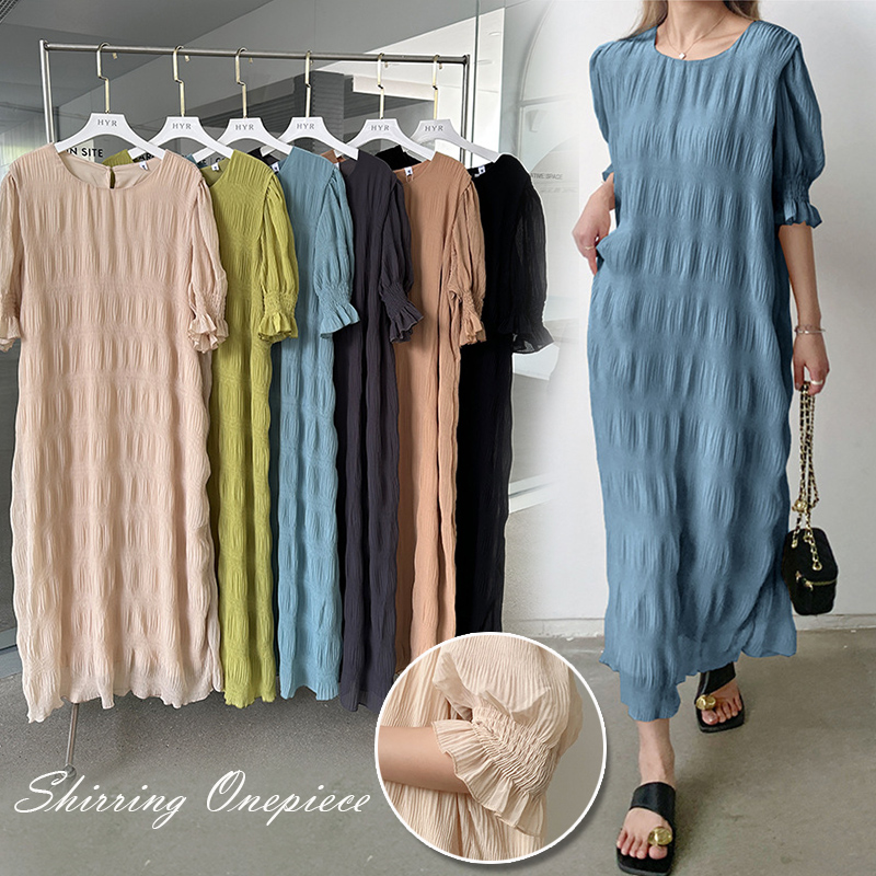 ２０２４新作フリル袖ロングワンピース体型カバーシャーリング