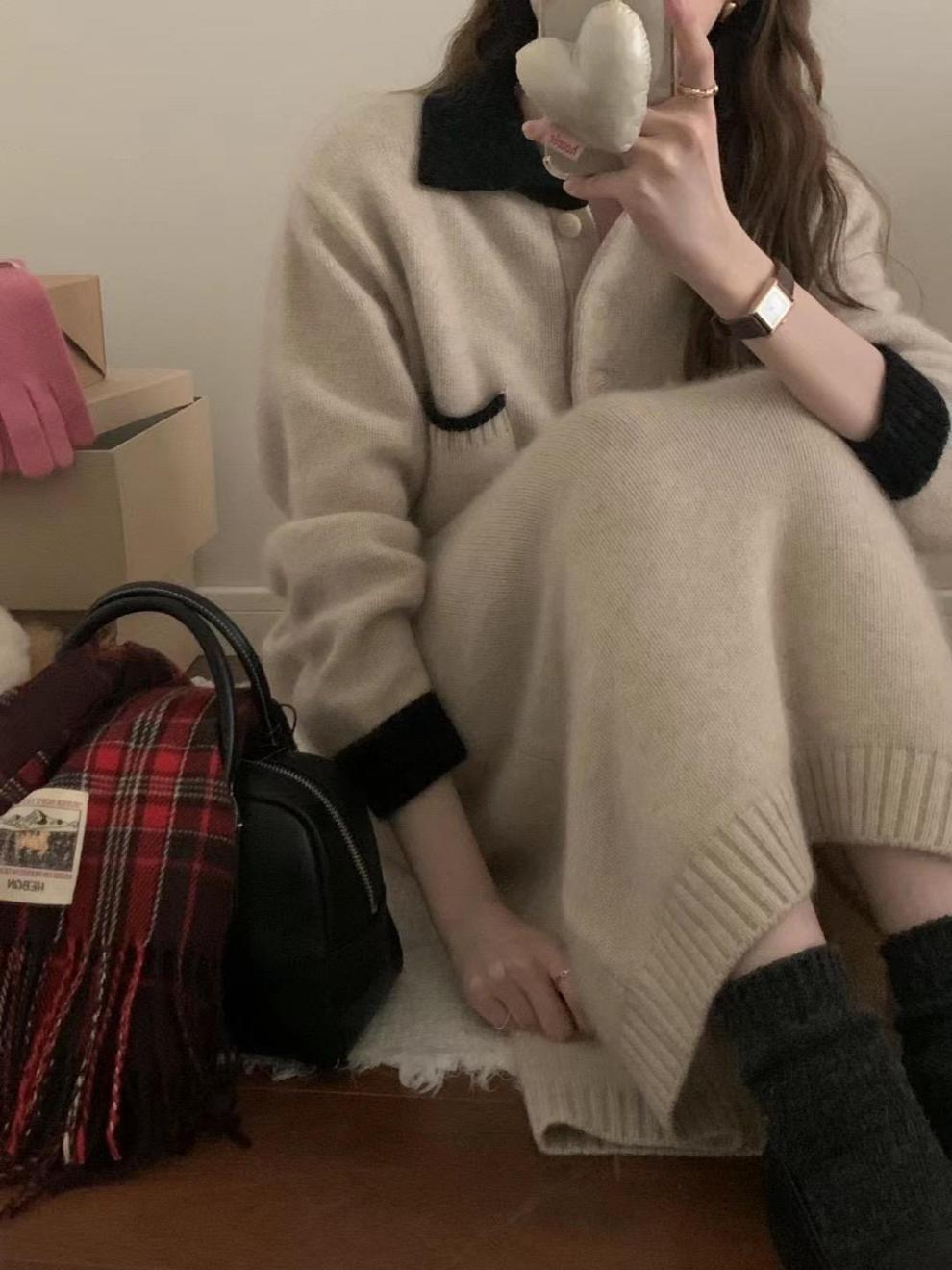 ロングワンピース お上品モールカラーあったかニットワンピース