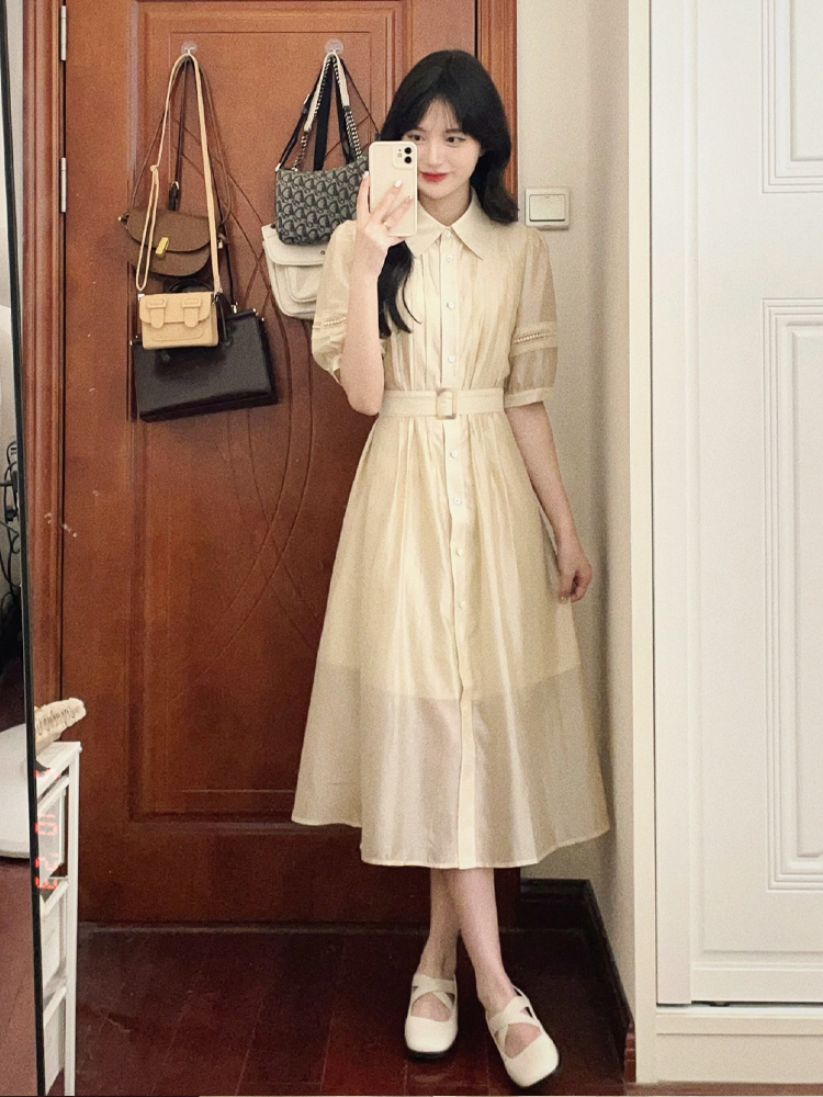 ロングワンピース シャツ ピンタック襟付き半袖ベルト付きシャツワンピース