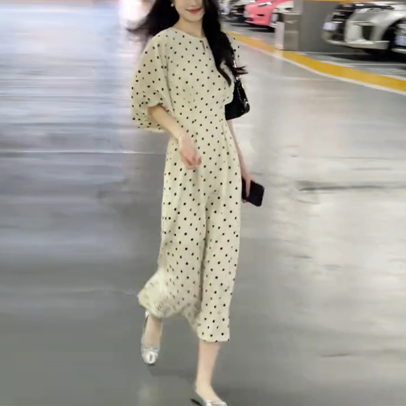 ロングワンピース 水玉模様パフスリーブロングワンピース