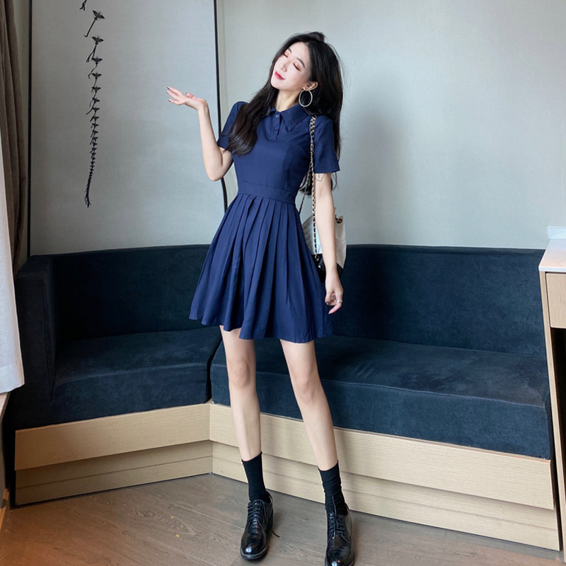 ロングワンピース ポロシャツ 襟付きプリーツスカート半袖ワンピース