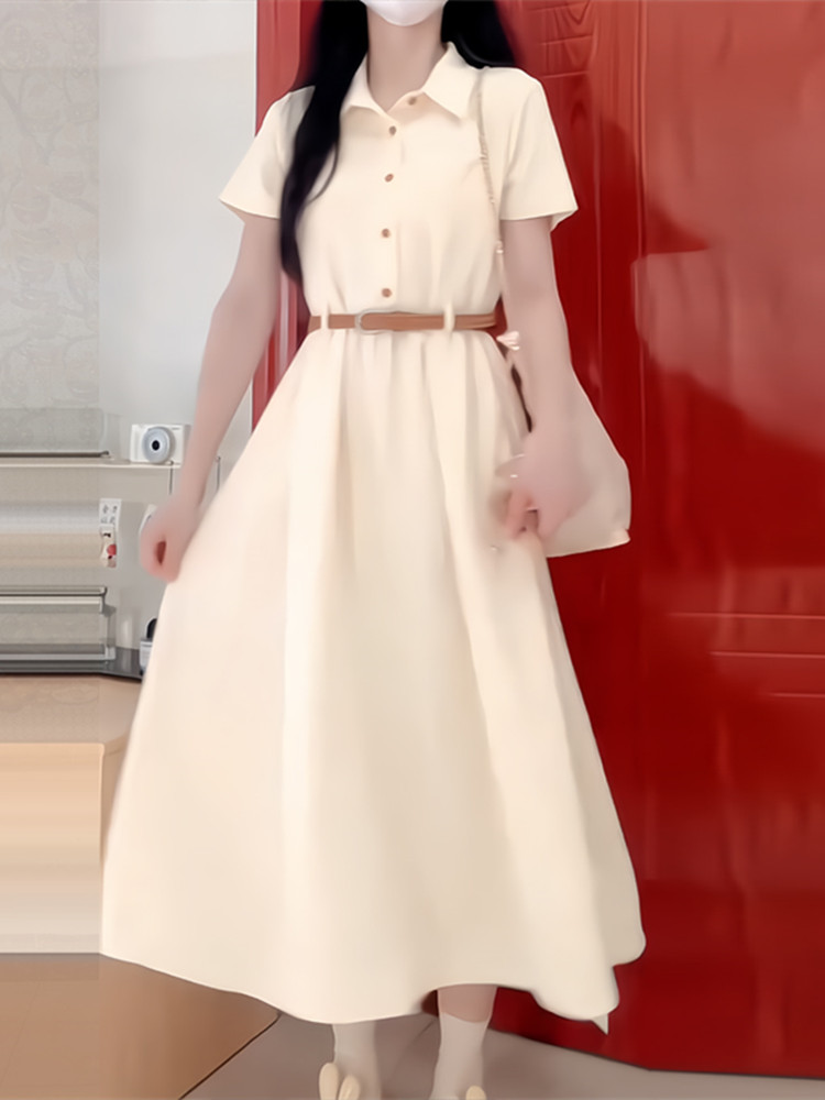 ロングワンピース シャツ 襟付き半袖ベルト付きロングシャツワンピース