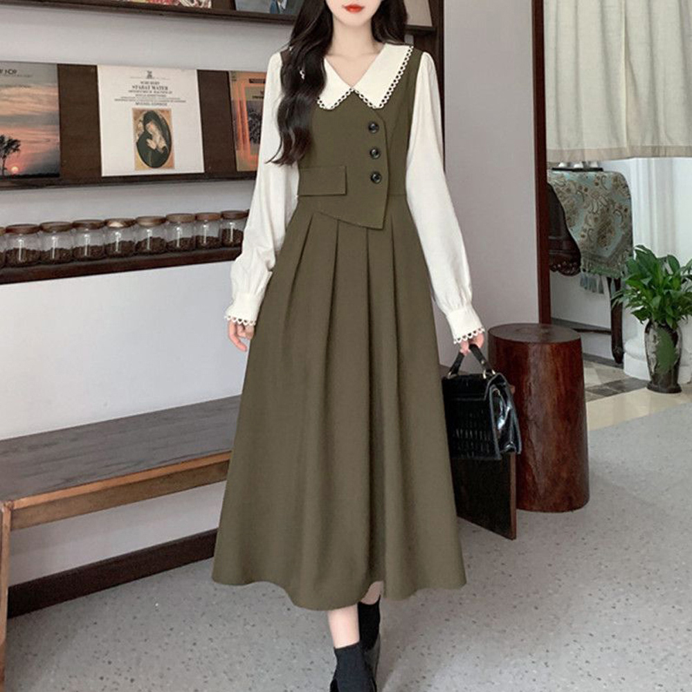 重ね着風フレアロングワンピース襟付き長袖