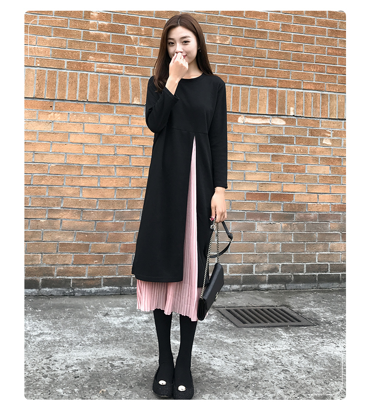 フレアロングワンピース 体型カバー ラウンドネック 秋冬新作