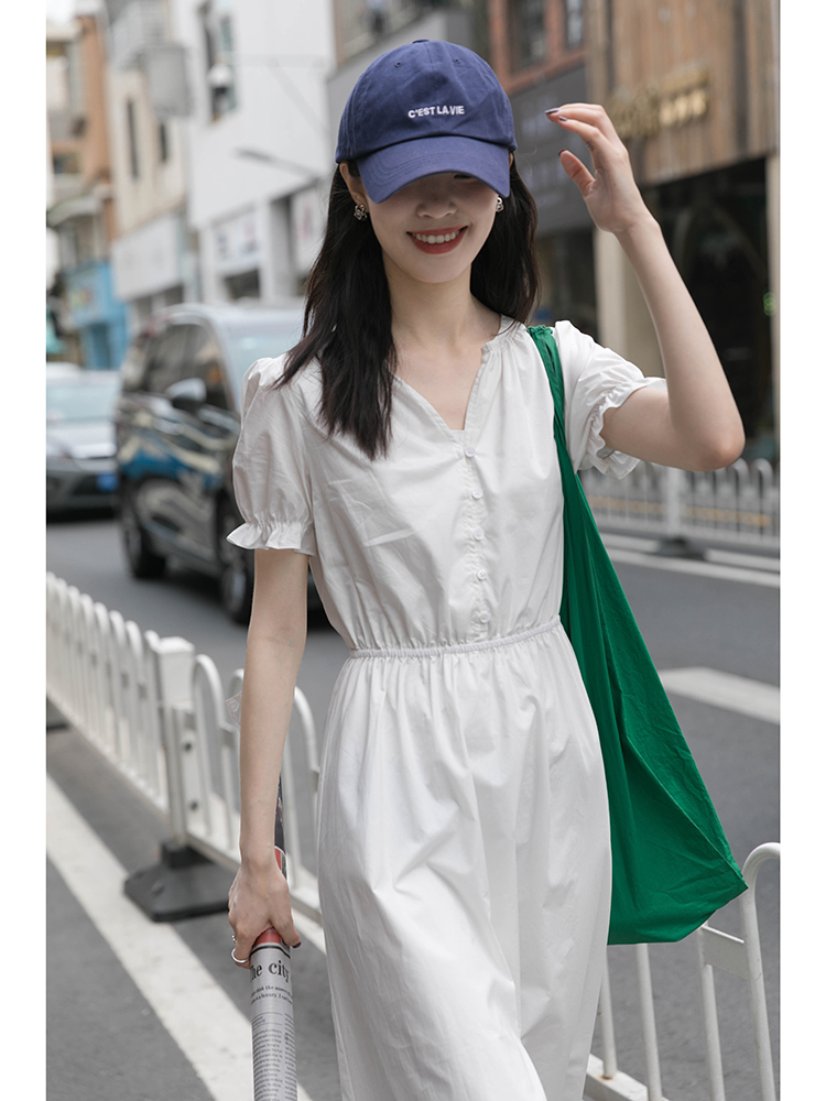 ロングワンピース シャツ パフスリーブ前開きウエストマークロングワンピース