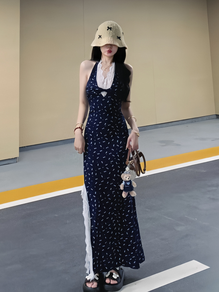 ロングワンピース レース リボン模様 サイドレース ロングワンピース