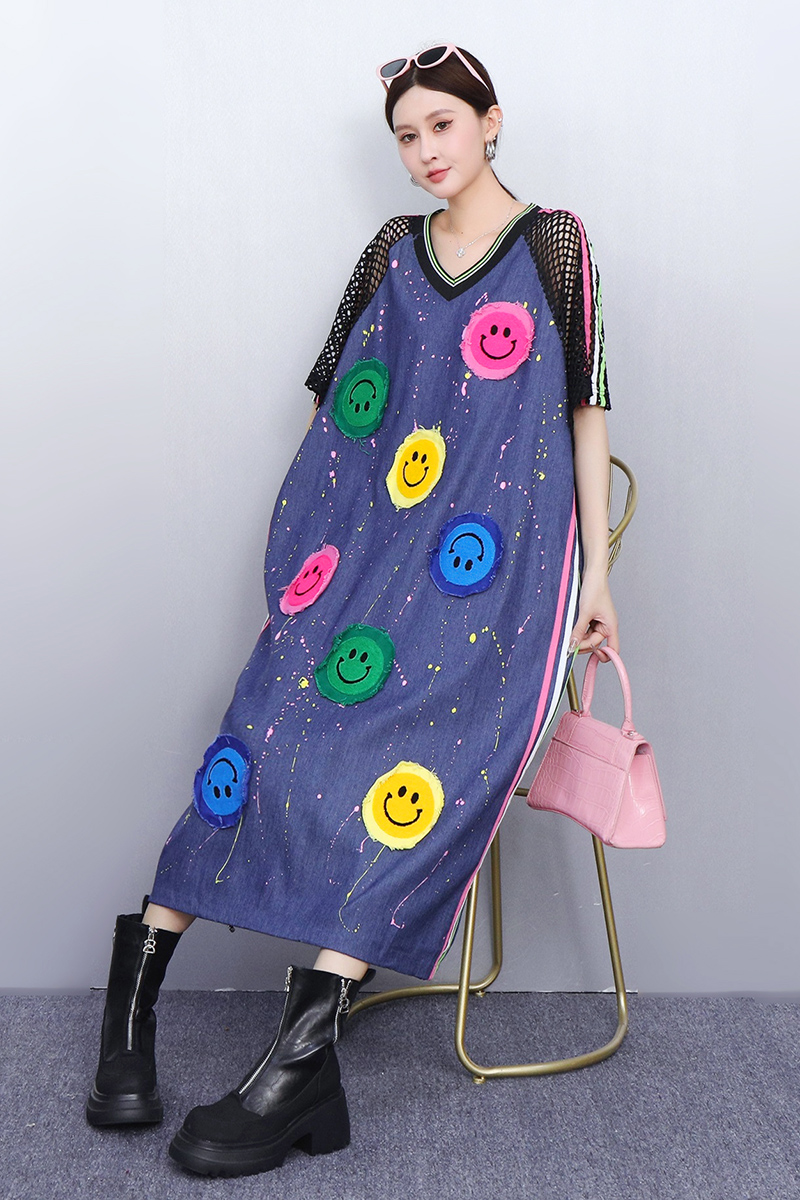 ロングワンピース デニム 笑顔ペイント デニムワンピース