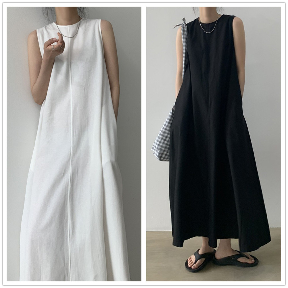 ロングワンピース ノースリーブロング丈ワンピース 体型カバー 二色展開 二〇二五年新作