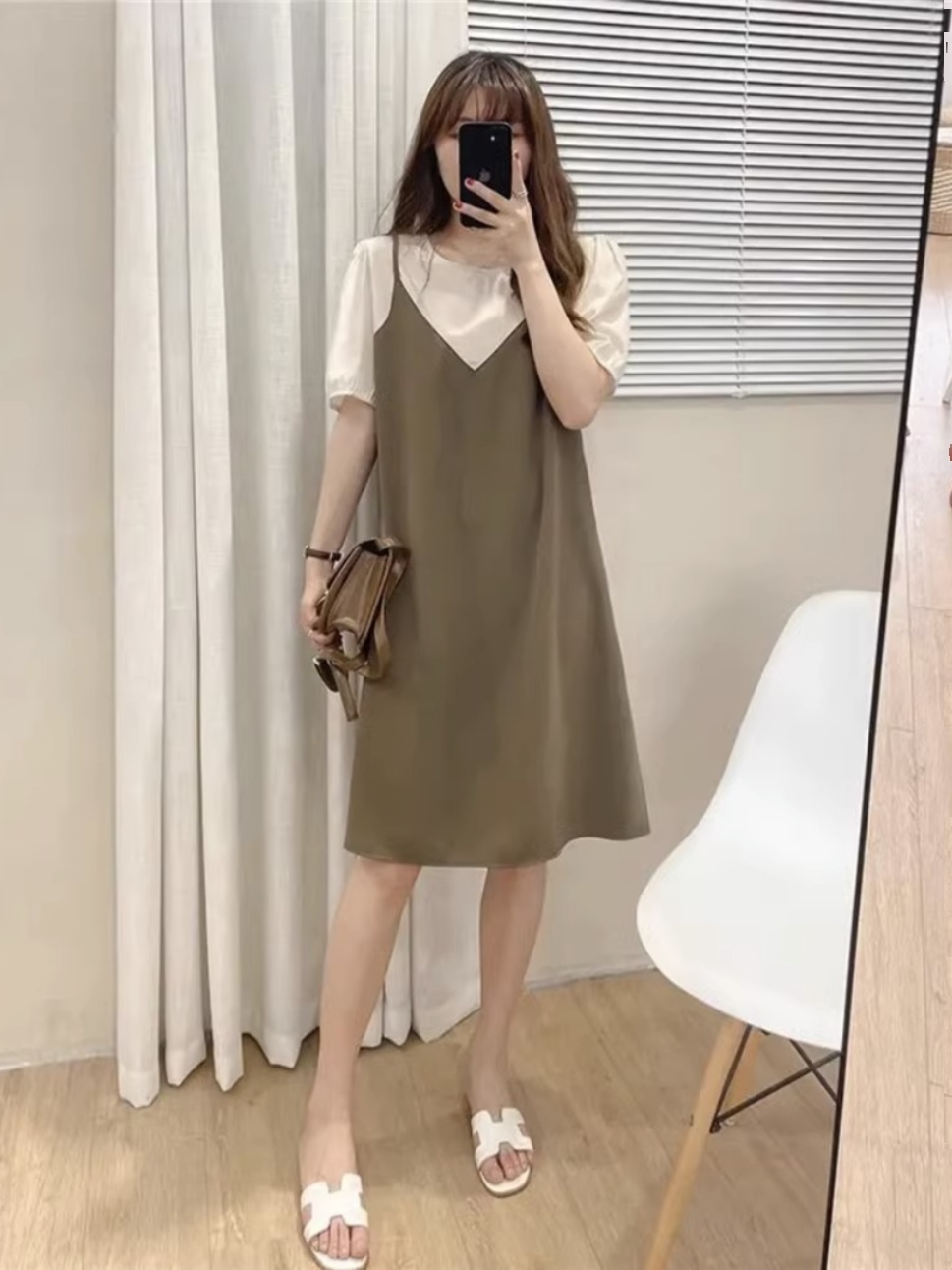 ロングワンピース キャミ 重ね着風細身肩紐ひざ丈ゆったりワンピース