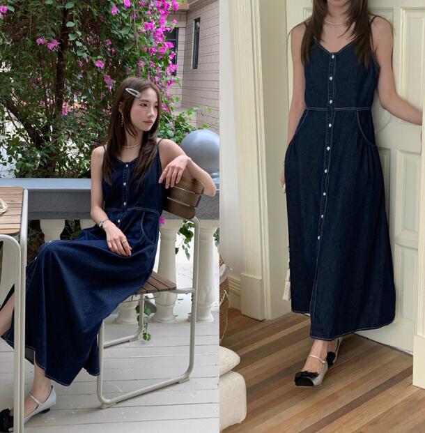 2025年春夏新作 ノースリーブ デニム ロングワンピース