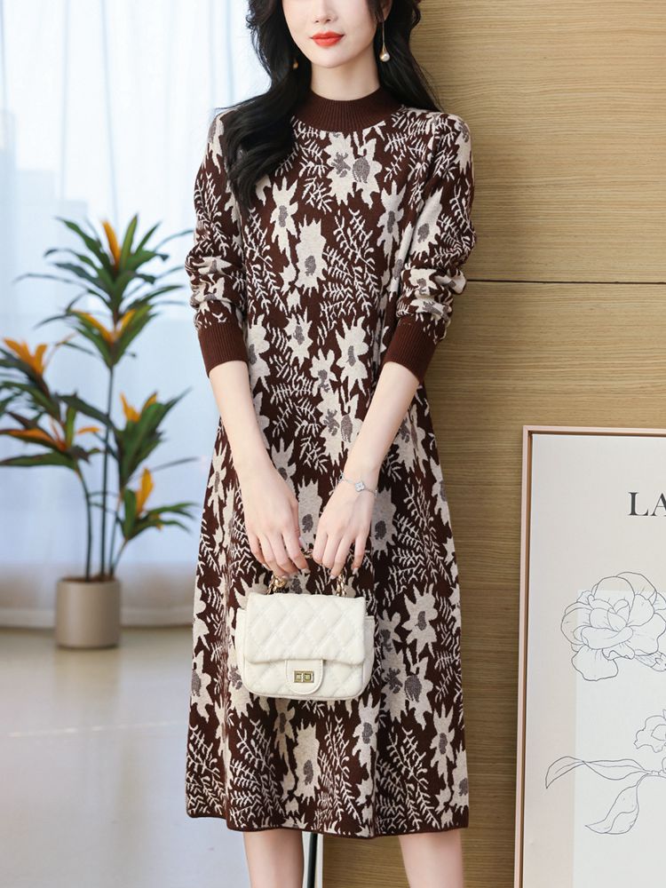 ロングワンピース ニット 花柄模様モックネックニットワンピース