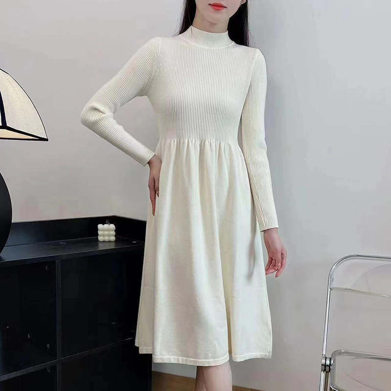 ロングワンピース ニット 上品リブ切替ハイネックニットワンピース