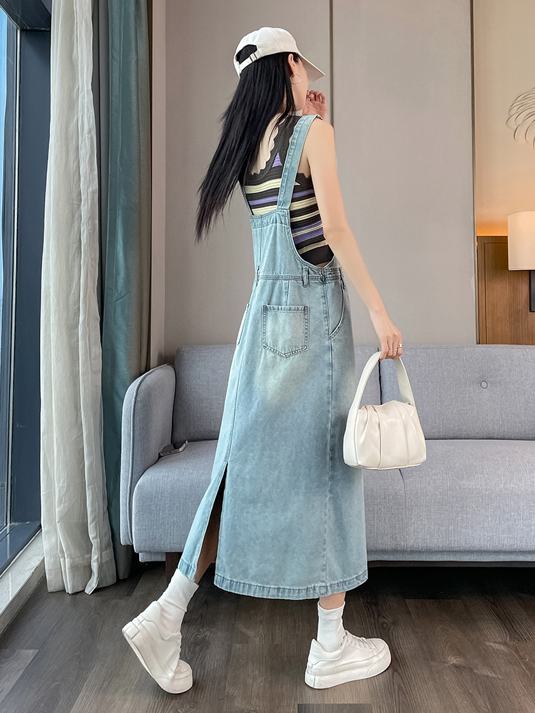 ロングワンピース デニム 風合い豊かなデニムサロペット