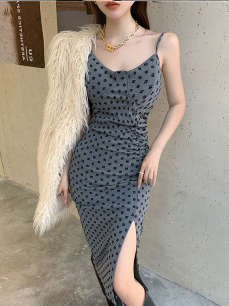 ロングワンピース キャミ 水玉柄スリット入りロングワンピースキャミソール