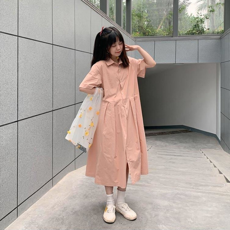 ロングワンピース シャツ 襟付き半袖ティアードロングワンピース