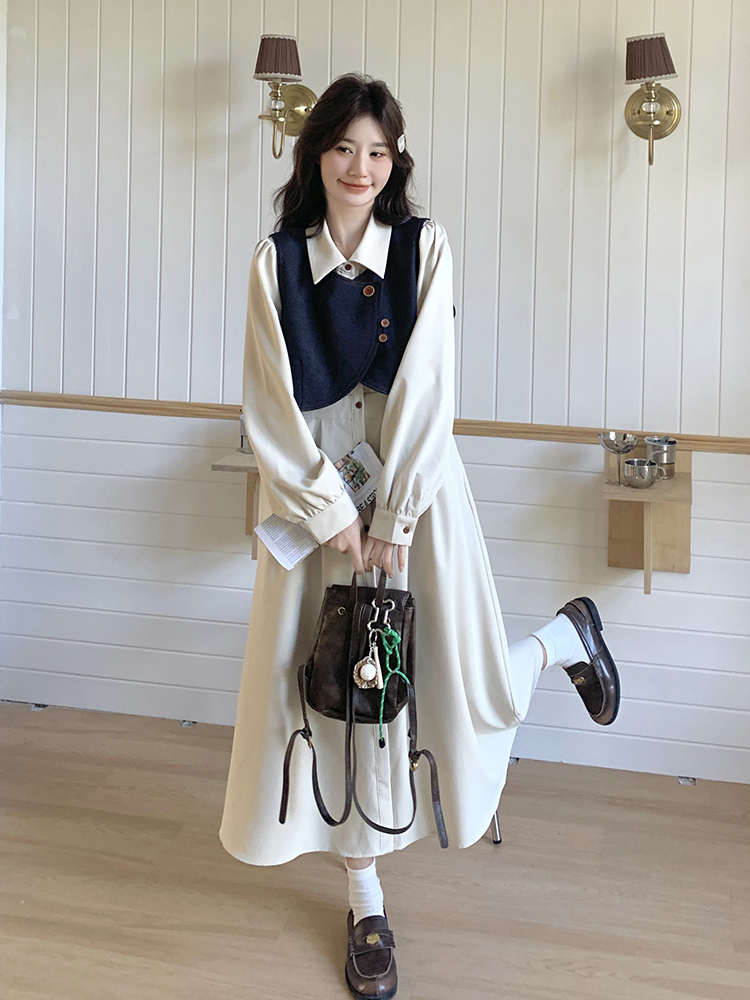 ロングワンピース シャツ 襟付きベスト重ね着風ロングシャツワンピース