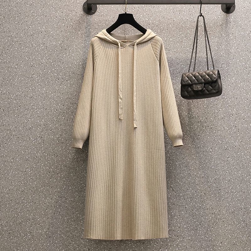 ロングワンピース リブ編みフーディーニットワンピース
