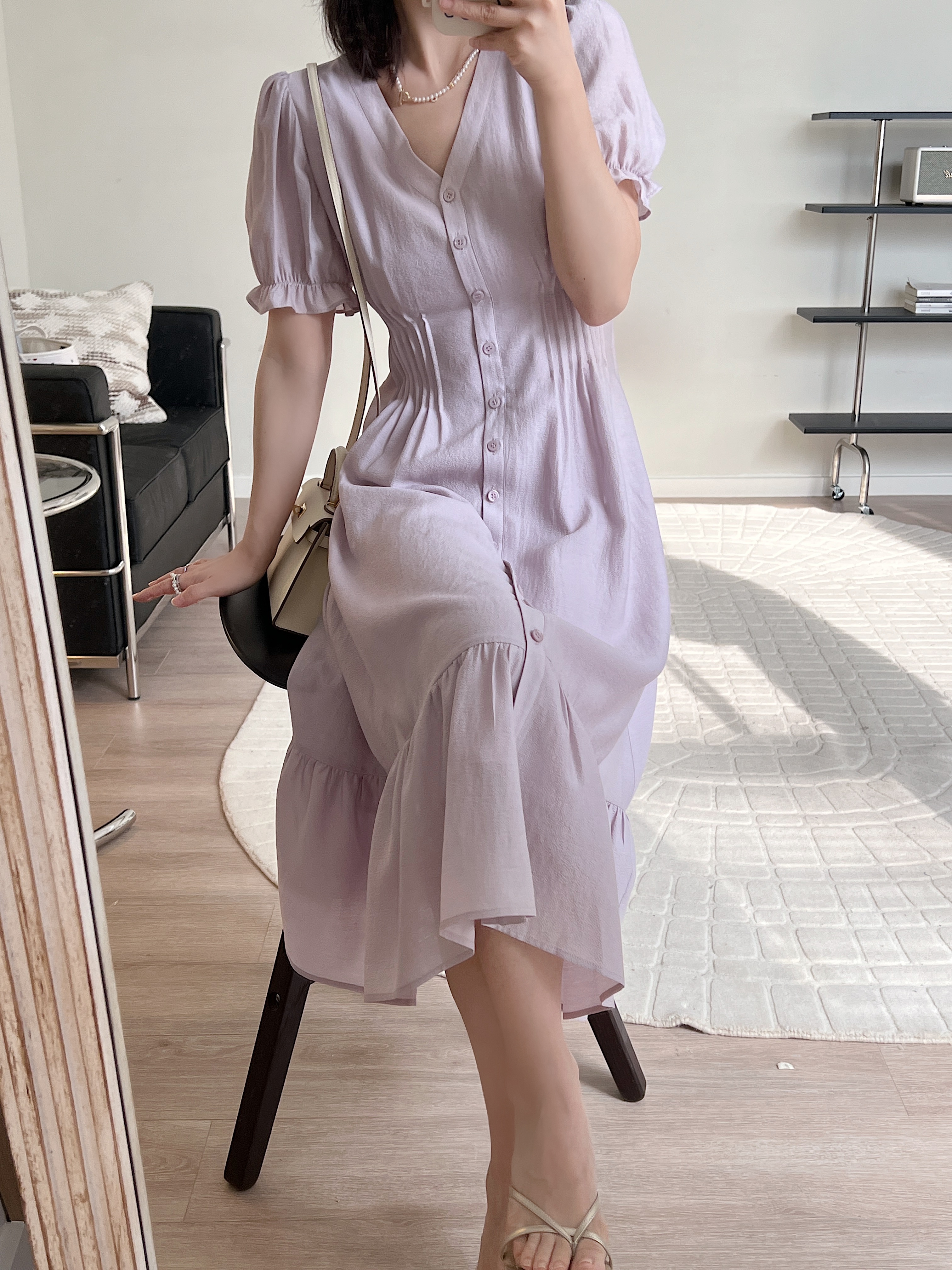 ロングワンピース シャツ 前開きボタン付きパフスリーブシャツワンピース
