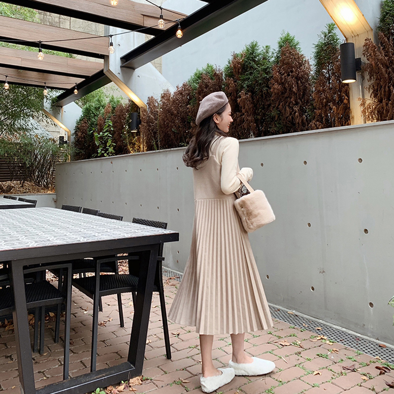 ロングワンピース タートルネック 重ね着風プリーツスカートタートルネック長袖ワンピース