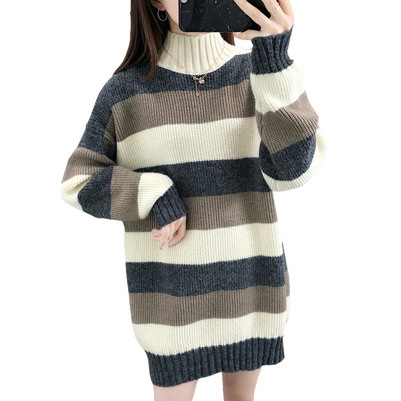 ロングワンピース ニット 縞模様ゆったりハイネックニットワンピース