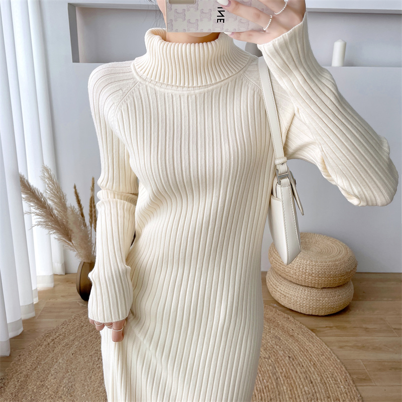 ロングワンピース タートルネック 縦織りリブ編み高襟ロング丈ニットワンピース