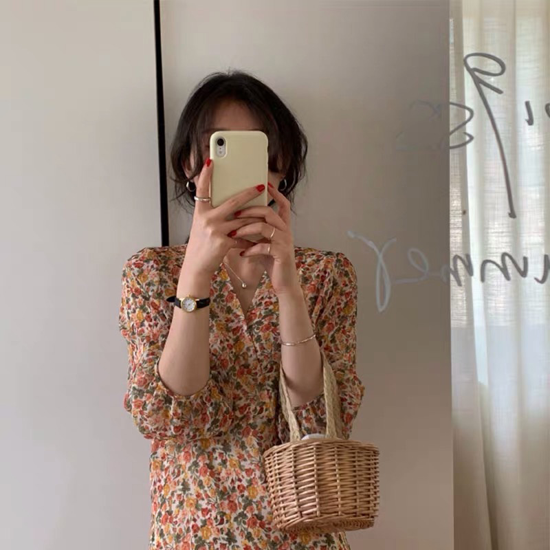 ロングワンピース シャツ 花柄プリント長袖襟付きロングワンピース