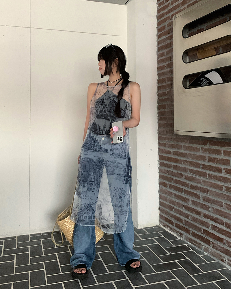 ロングワンピース レース 建築風景柄シアー素材キャミソールロングワンピース