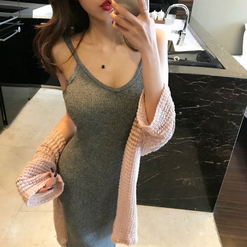 ロングワンピース キャミ リブ編み細身シルエットキャミソールワンピース