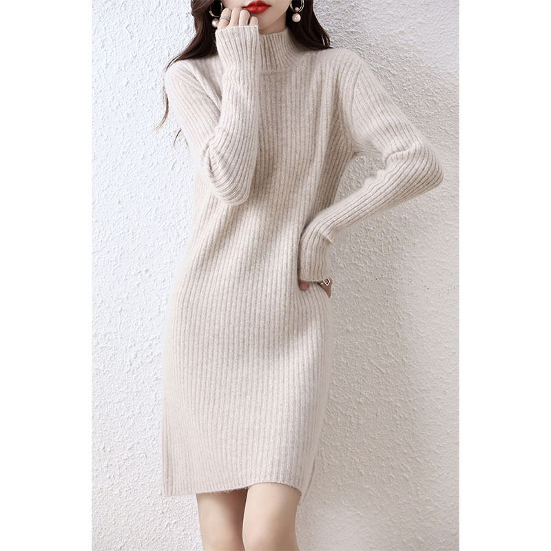 ロングワンピース シンプル リブ ハイネック ニットワンピース