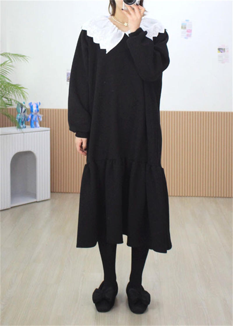 今季マストバイ 白フリル襟 おしゃれ黒ロングワンピース