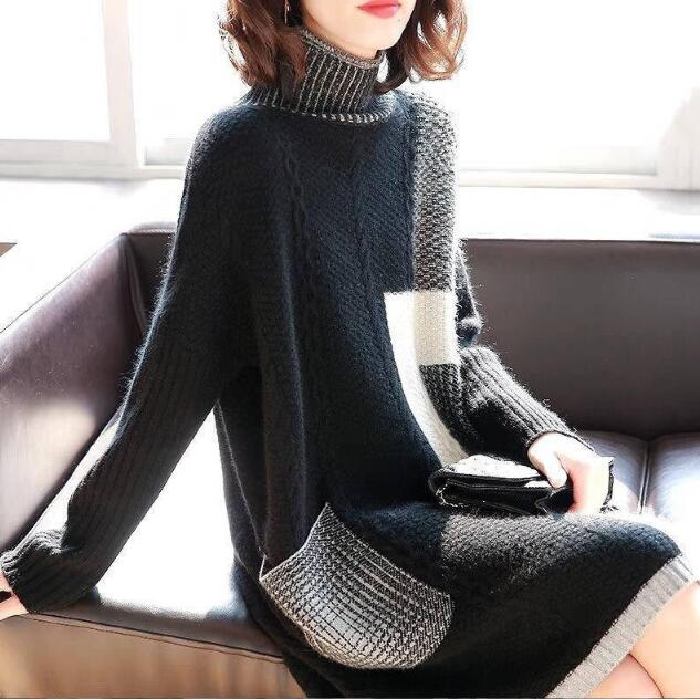 ロングワンピース 2024新作 秋冬ミニ丈ニットワンピース タートルネック