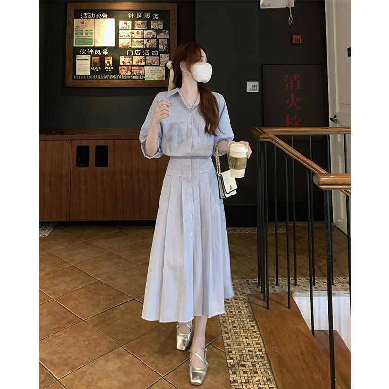 ロングワンピース シャツ 襟付き半袖プリーツスカート一体型ロングワンピース
