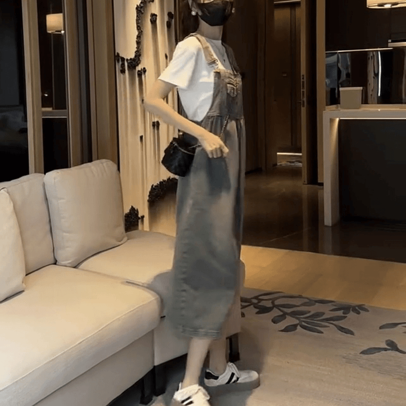 レトロ風デニムサロペットロングワンピース