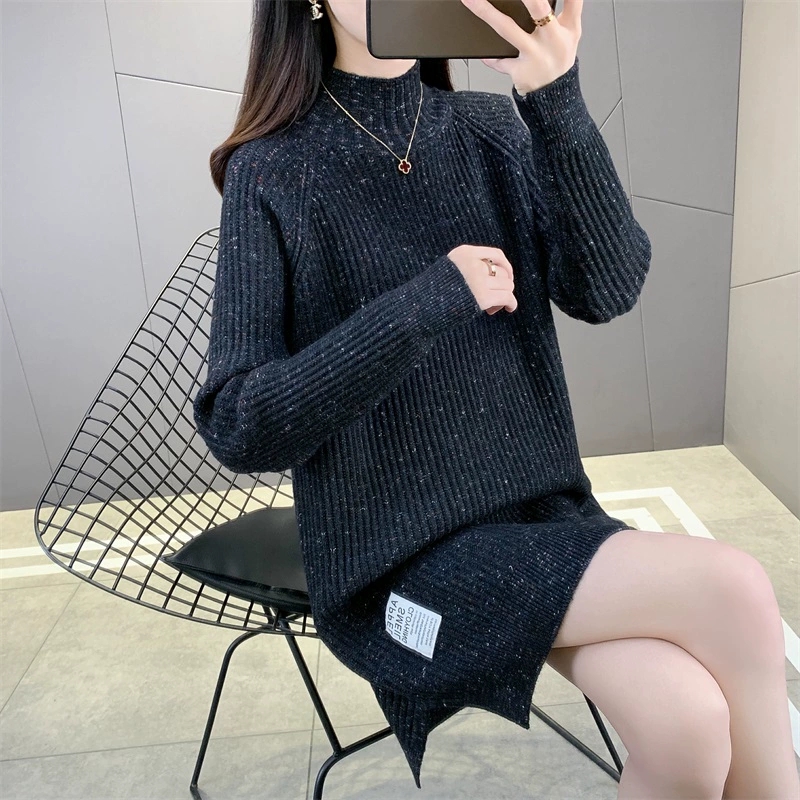 ロングワンピース ニット ゆったりリブ編み モックネックワンピース