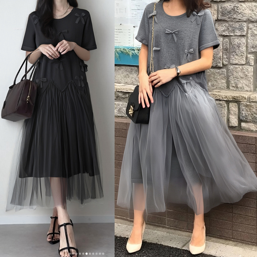 韓国風フリルちょう結び付きチュールロングワンピース