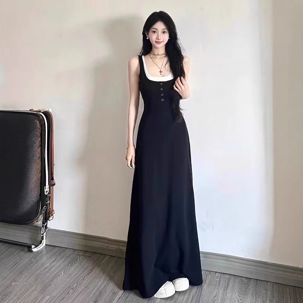 黒色ノースリーブロングワンピース レディース