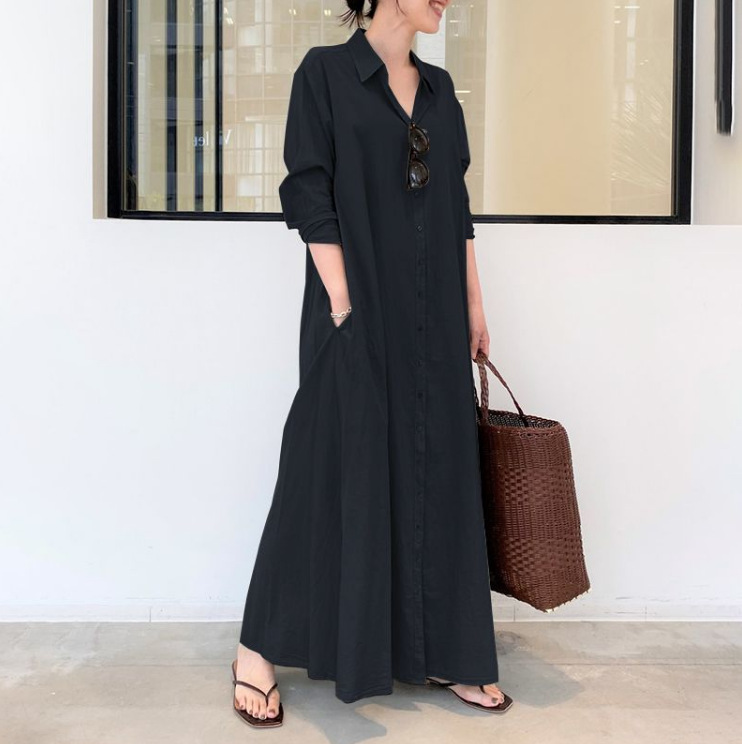 ロングワンピース シャツ 襟付きボタンアップロングシャツワンピース