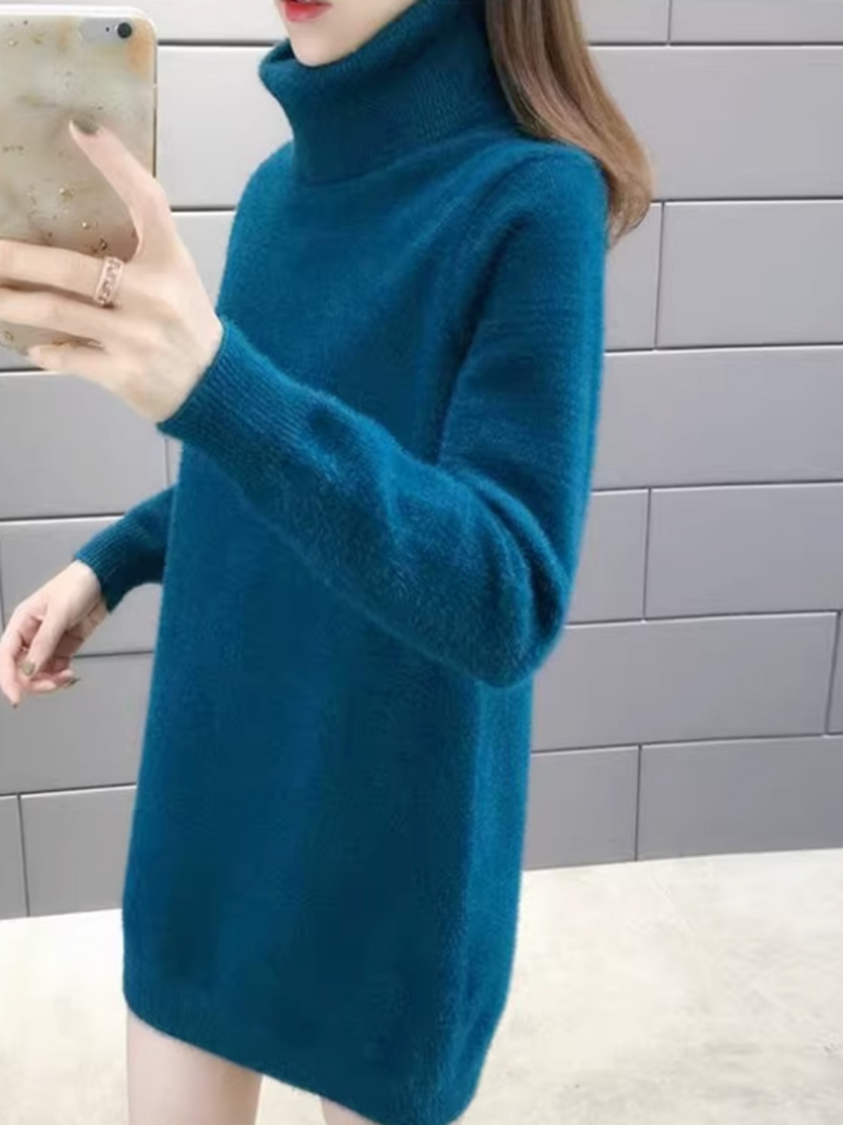 ワンピース ニット ふわもこ袖ゆったりタートルネックワンピース