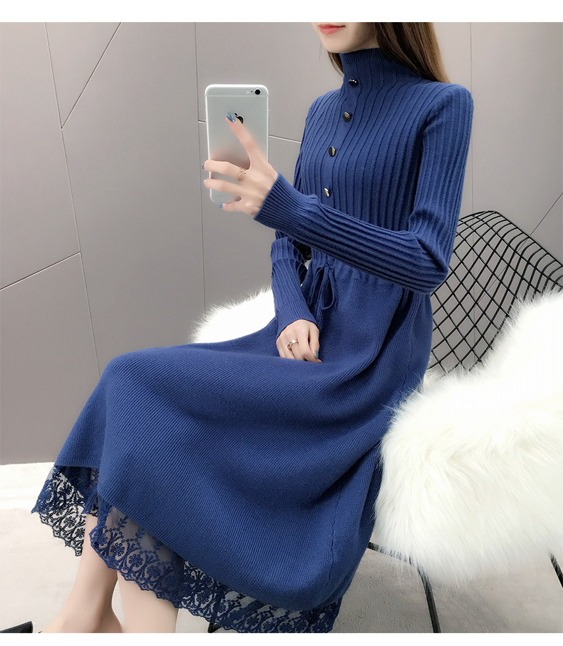 ロングワンピース レース付きリブニット ハイネックワンピース
