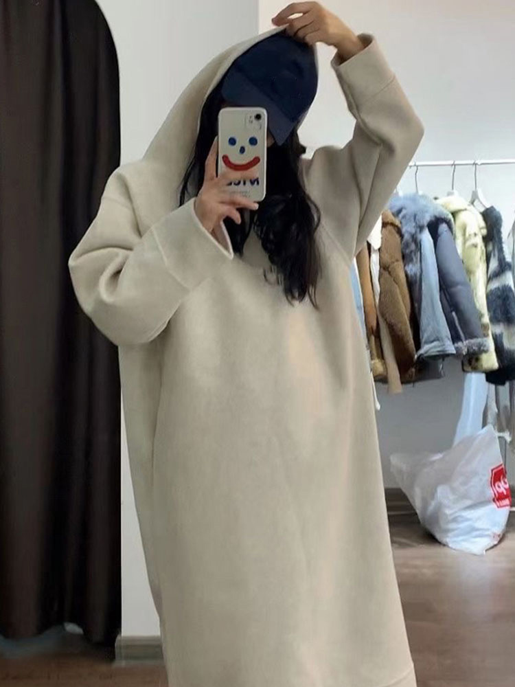 ロングワンピース スウェット 裏起毛フード付きゆったりロングワンピース