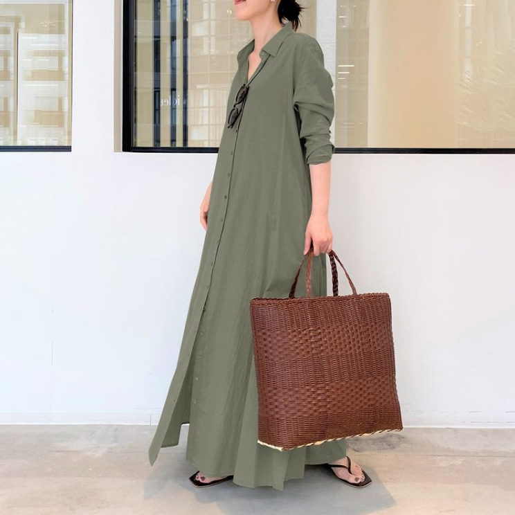 ロングワンピース シャツ 襟付きボタンアップロングシャツワンピース