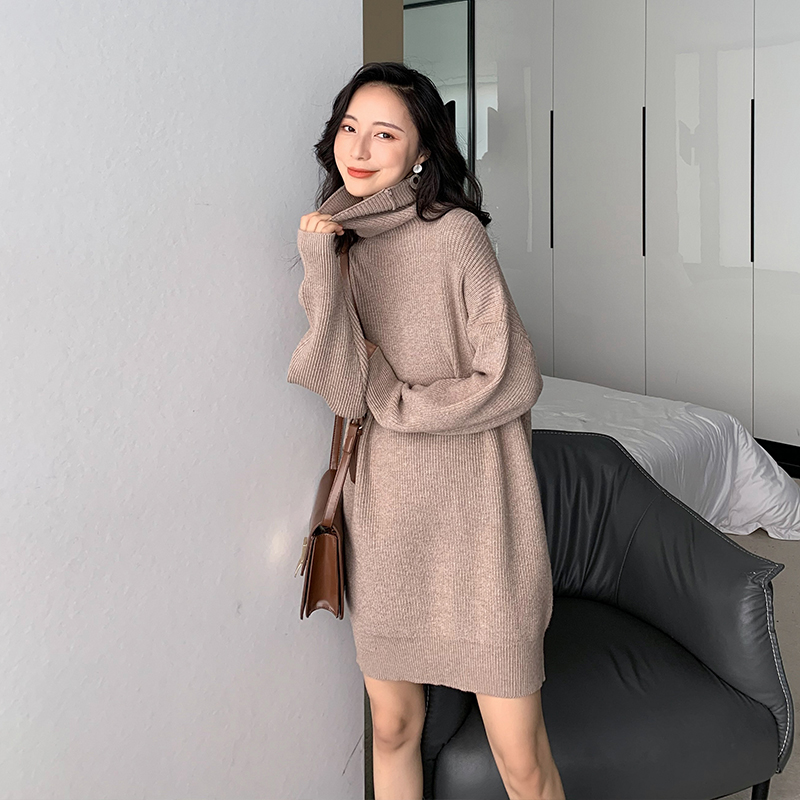 ロングワンピース タートルネック ゆったり袖のリブ編みタートルネックニットワンピース