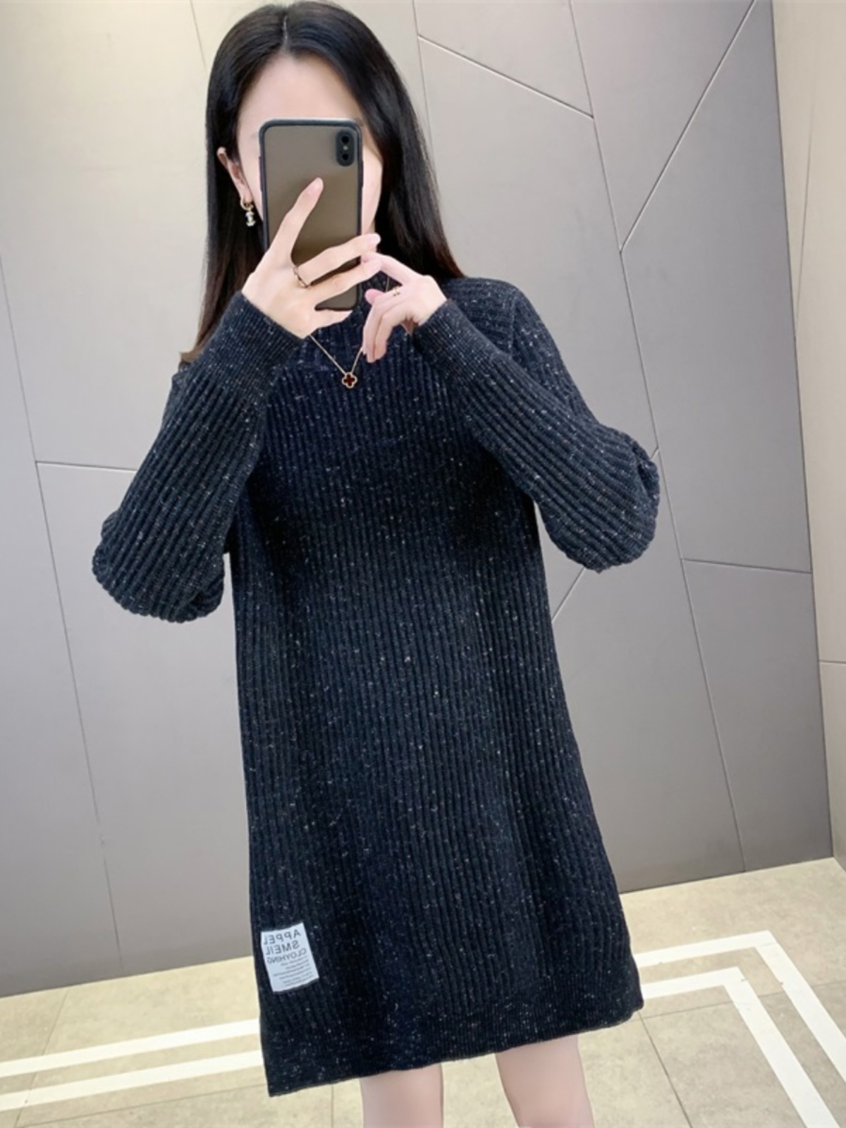 ロングワンピース ニット ゆったりリブ編み モックネックワンピース