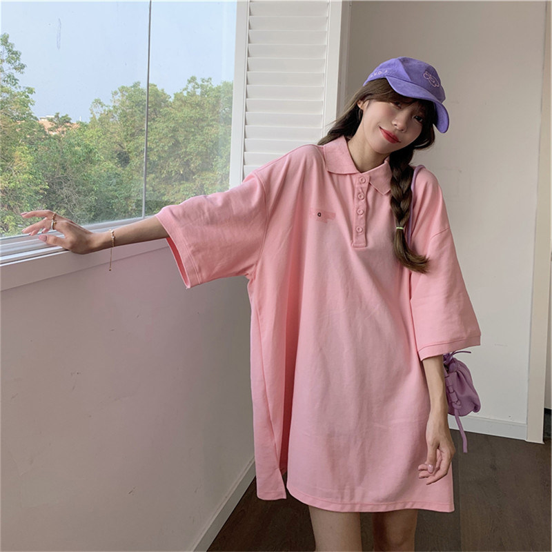 ロングワンピース ポロシャツ ゆったりオーバーサイズポロ襟ロングワンピース