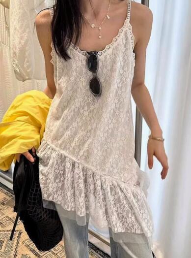 ロングワンピース レース透け感キャミワンピース白色フリル裾